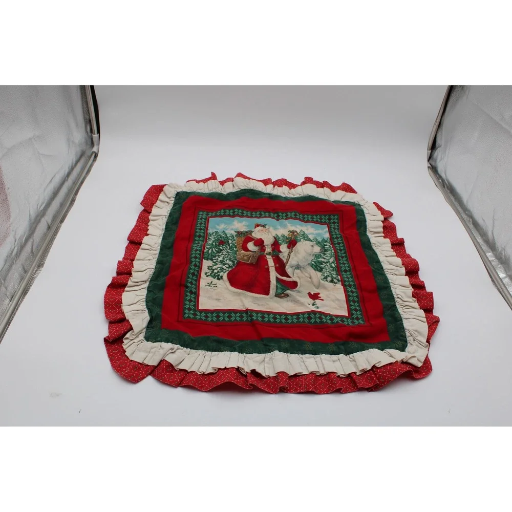 Vintage Christmas Pillow Sham Red Green Santa Claus Polar Bear Ruffle Square
